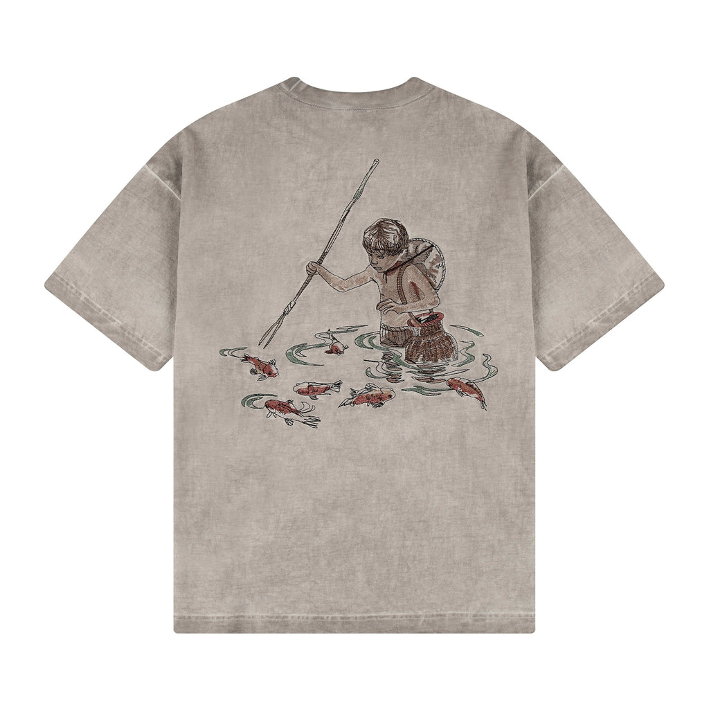 "lotus" T shirt oil washed light grey