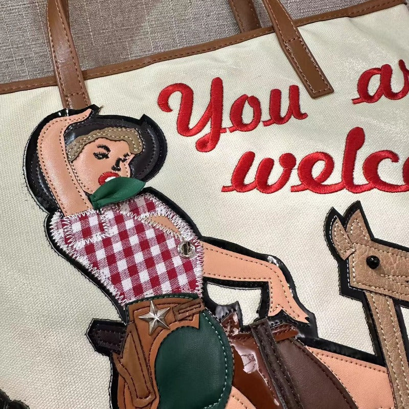 Chrome Heart Leather Bag Embroidered Cartoon Tote Bag