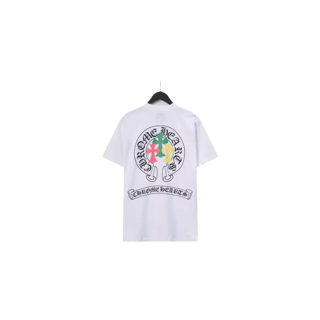 CHH Chrome Heart T Shirts Crowe Scroll Heart Color Cross Print Crew Neck Short Sleeve