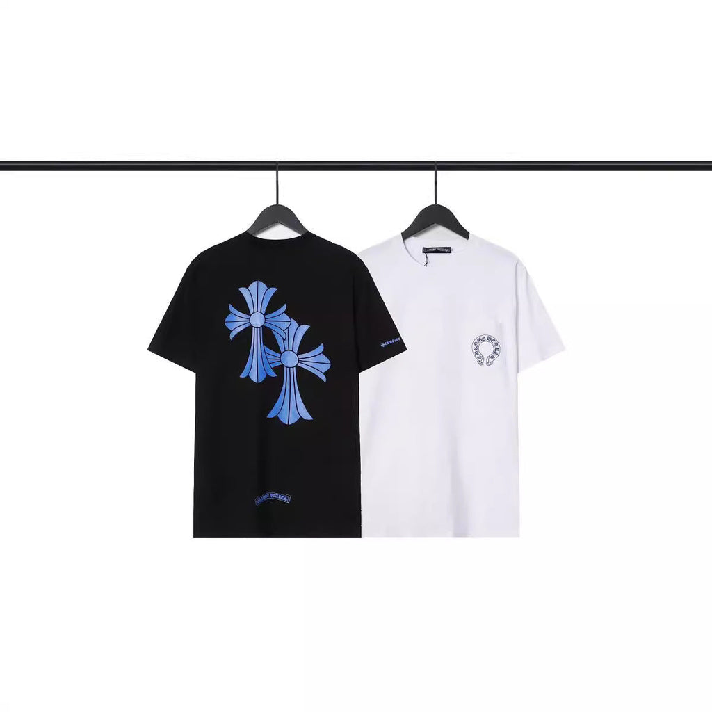 CHH Chrome Heart T Shirts Blue Cross Loose Crew Neck Short Sleeve