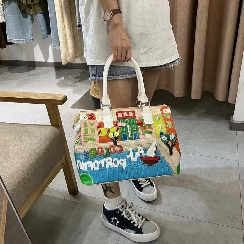 Chrome Heart Leather Bag Embroidered Cartoon Shoulder Bag Crossbody Bag