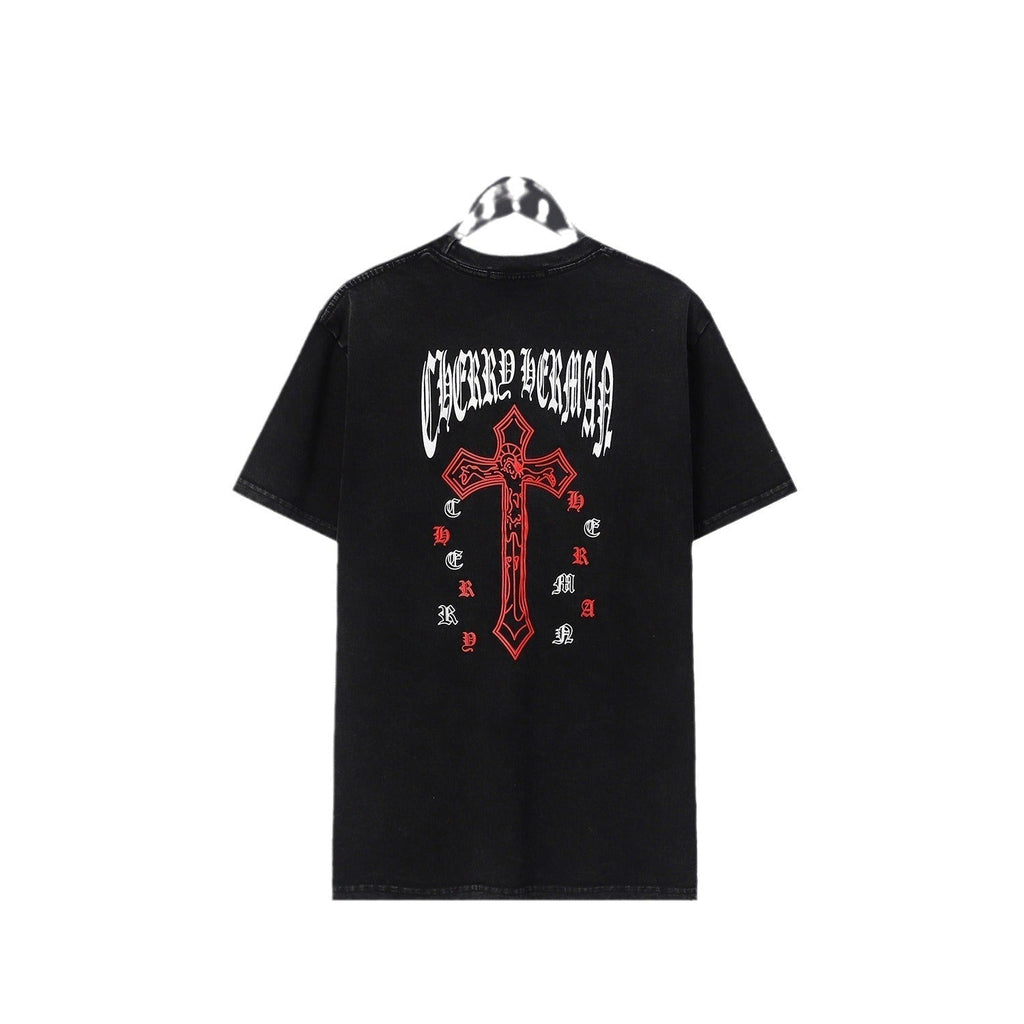 CHH Chrome Heart T Shirts Cross Sanskrit Printed Crew Neck Washed Short Sleeve Fashion T-Shirt