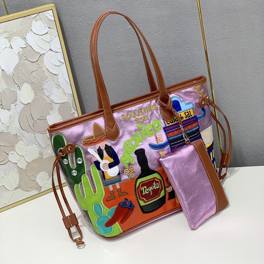 Chh Chrome Heart Leather Bag Splicing Embroidered Shoulder Bag