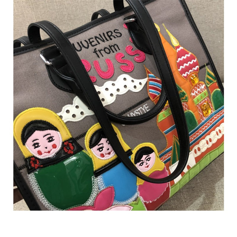 Chrome Heart Leather Bag Splicing Embroidered Tote Bag